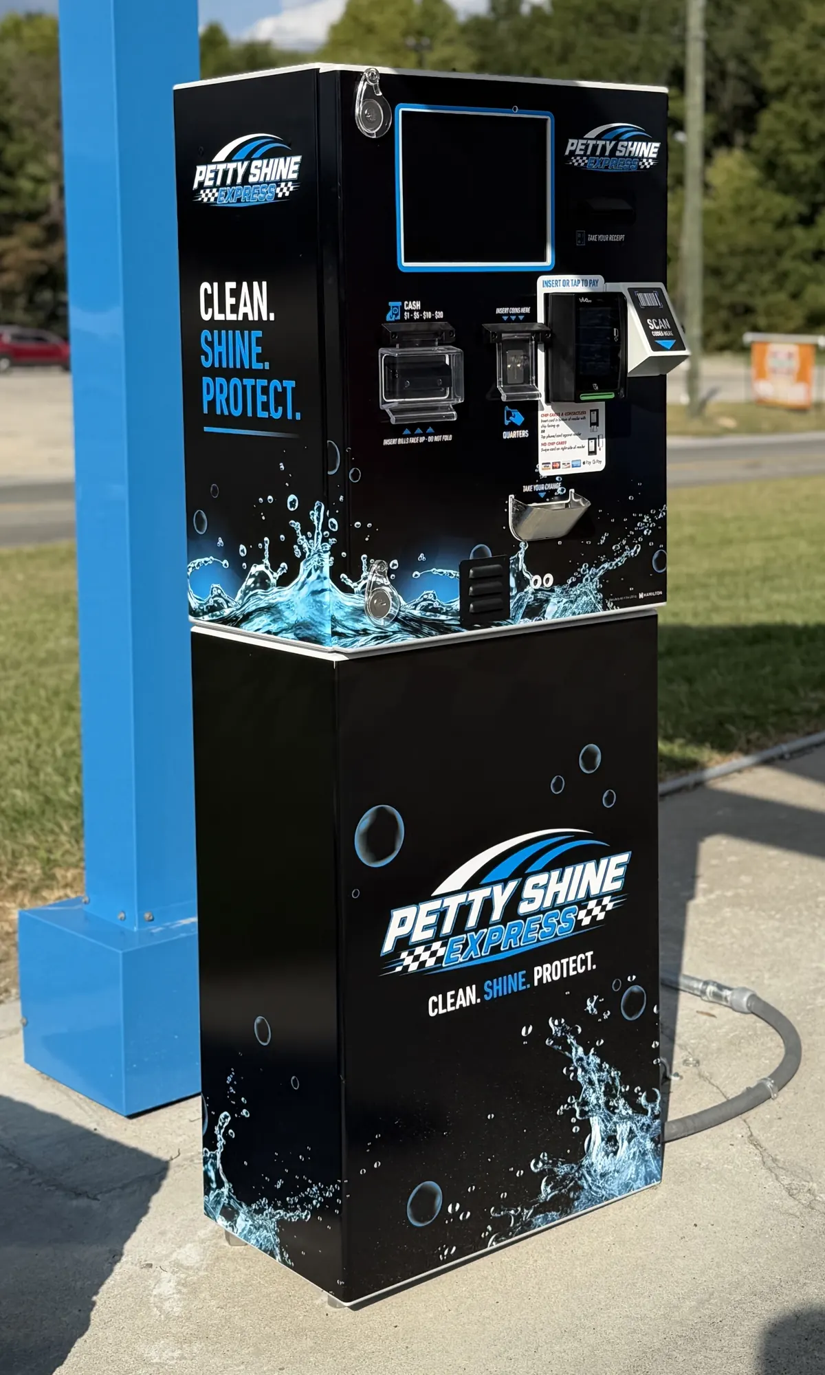 Petty Shine Express pay station with the Clean. Shine. Protect. slogan