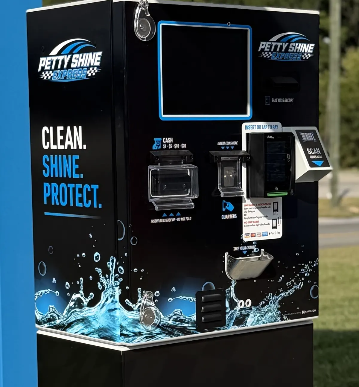 Petty Shine Express pay station with cash, coin and tap to pay readers